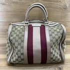 GUCCI Boston Satchel Burgundy Pink Stripe Zip Bag Large Monogram GG