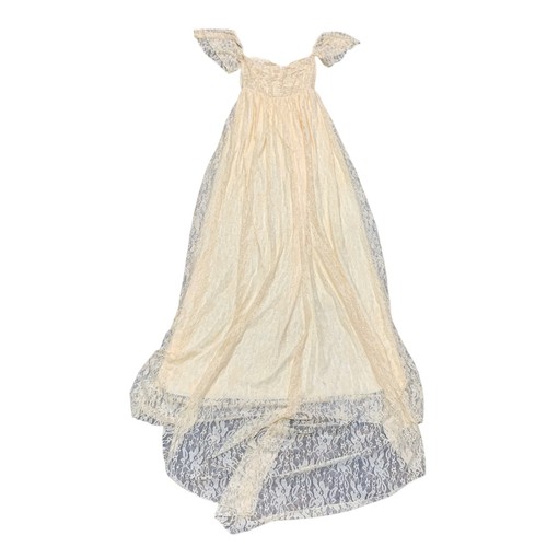 Lace Maxi Dress With Train Large Off Shoulder Ruffle Sleeve Prom Formal Cream - Picture 7 of 8