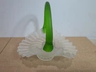 Vntg Fenton Frosted Satin Glass Ruffled Rim Basket applied twisted green handle