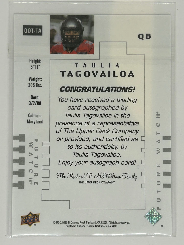 2022 Upper Deck SP Authentic Future Watch 253/299 Taulia Tagovailoa Auto - Image 2 of 2