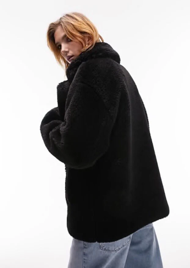 Abrigo Borg TOPSHOP Negro Imitación Piel Longitud Media Muesca Cuello Bolsillos Mujer Talla 0-2 Foto 3 de 4