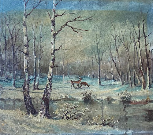 Beauty! Antique 19th C Oil Painting On Canvas Deers In Winter Woods 16”x14” - Picture 1 of 7