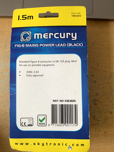 Mercury Mains Power Lead UK Plug - Fig 8 Black 1.5m - Fast UK ship - Picture 4 of 4