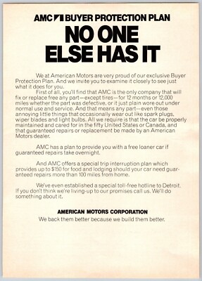 1973 Print Ad AMC American Motors Corporation Buyer Protection Program No One