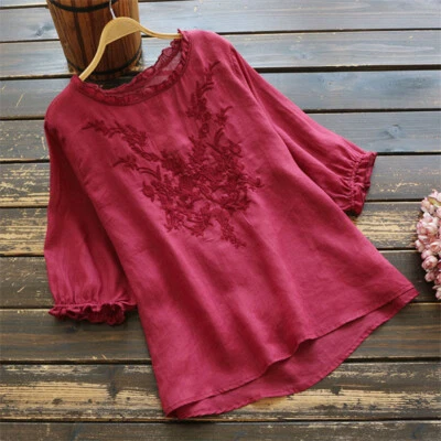 Blouse En Coton Floral Brodée Vintage À Col Rond Grande Taille Décontractée - Photo 1/4