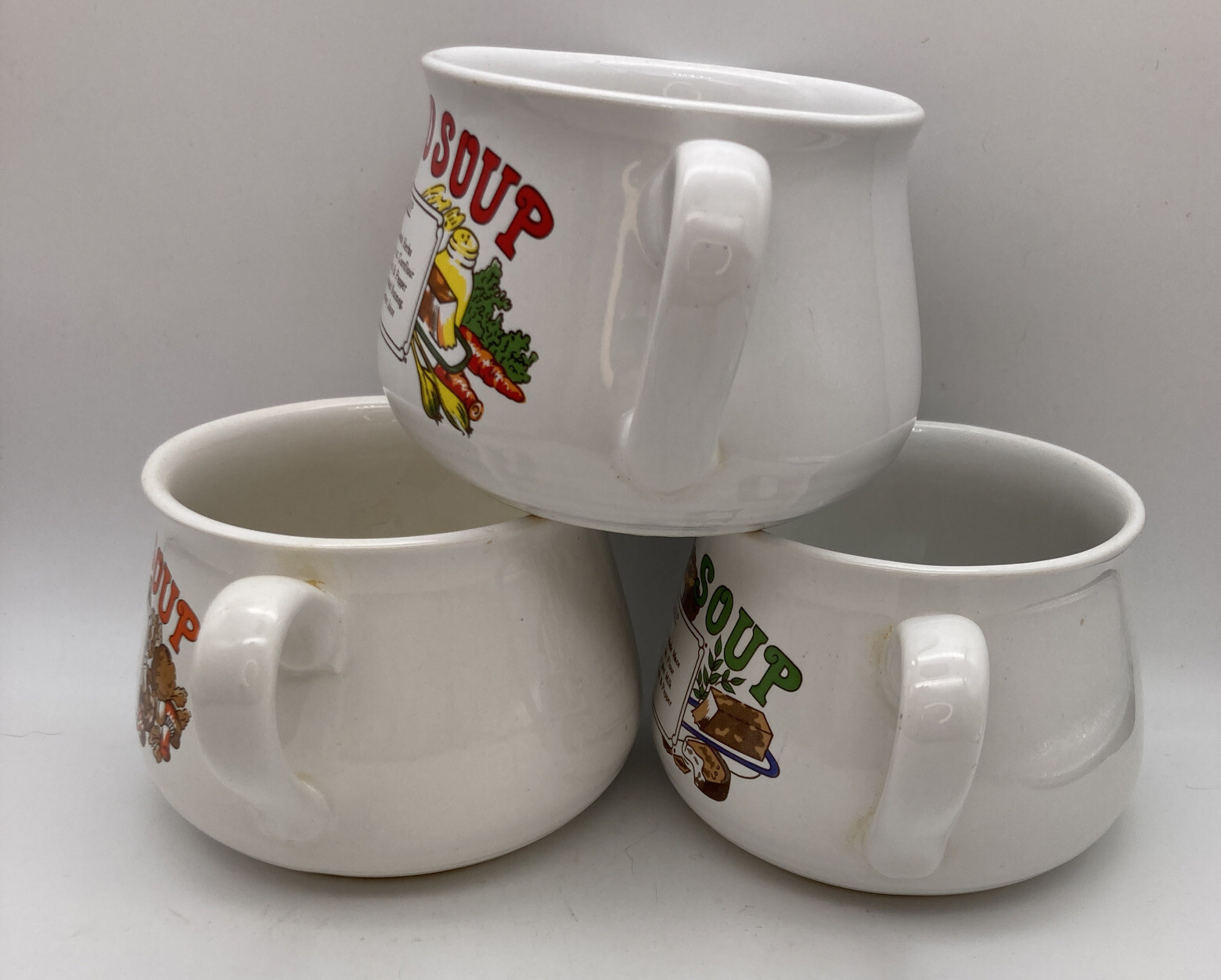 3 Vintage Soup Recipe Ceramic Mugs Chicken, Onion, Tomato , Lot of 3