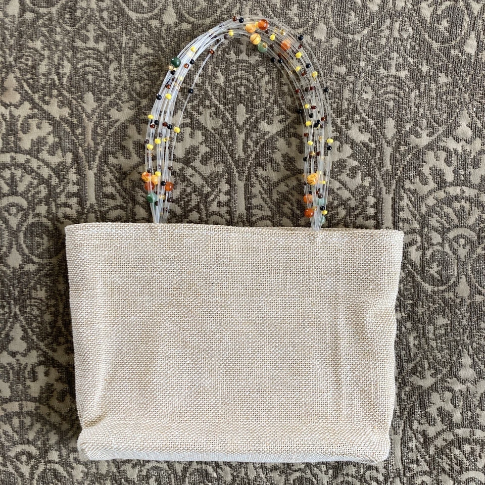 Vintage Linen Burlap Hand Bag/Purse, Ivory/Beige, With Colorful Beaded Handles - Image 2 of 4