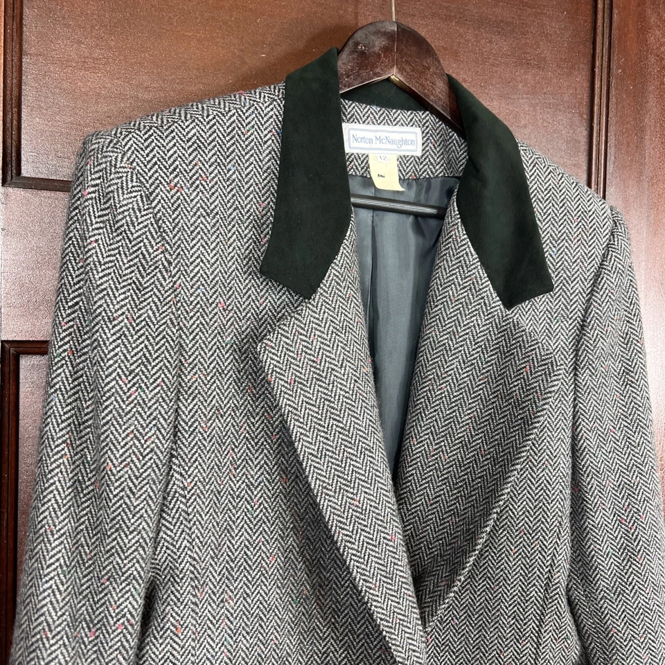 Blazer De Colección Norton McNaughton Para Mujer’s 12 Lana Gris Cuadros Verde Cuello Terciopelo Foto 4 de 4