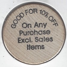 FRONT: Good For 10% Off Any Purchase, BACK: 50¢, Token/Coin, Wooden Nickel