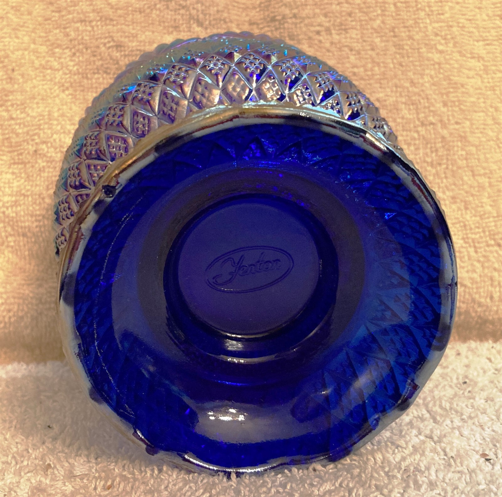 Signed Fenton Carnival Cobalt Blue Glass Pagoda Candy Dish and Lid 7