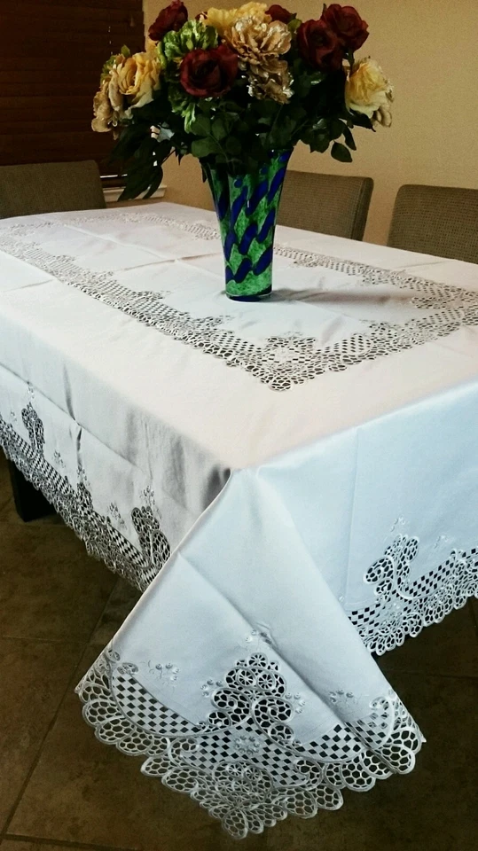 White 72x144" Embroidered Polyester Cutwork Tablecloth 12 Napkins Wedding Party - Image 3 of 4