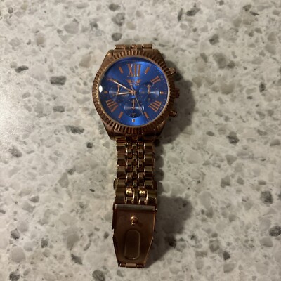 Softech London Women s Watch Stainless Steel Back #7854 Rose Gold Tone Blue Face