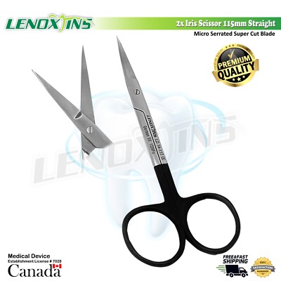 2x Iris Scissors 115mm STR Micro Serrated Super Cut Blade Surgical Dental Ins CE