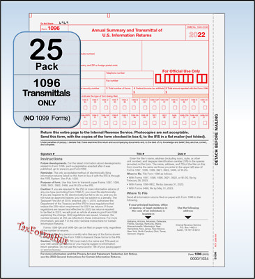 25-pack - 2022 Tax Form 1096 Annual Transmittals ONLY (for 1099-MISC/NEC to IRS)