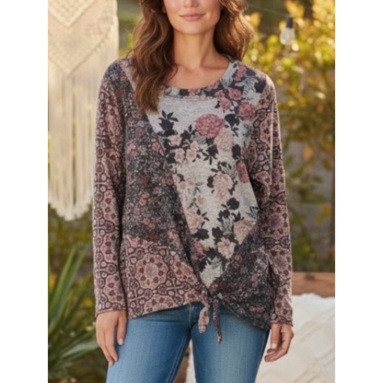 One World Boho Womens Floral Mixed Media Long Sleeve Tunic Top Artsy Size L