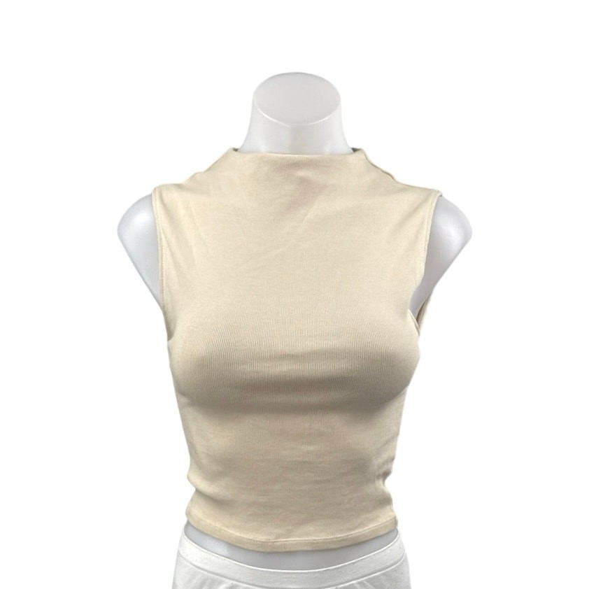 NEW Zara Beige Sleeveless Mock Neck Tank Knit Vest Sweater Crop Top Size S 