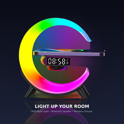 G Shaped Wireless Charger Bluetooth Speaker RGB Night Light LED Alarm Clock Lamp