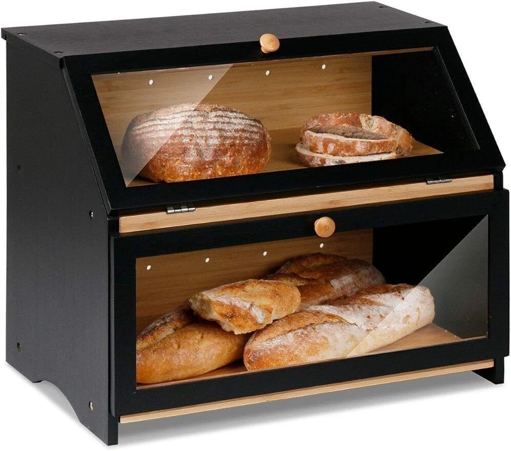 Double Layer Large Bread Box Kitchen Counter Wooden Large Bread Storage Bin NEW
