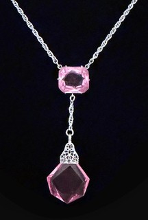 Antique ART DECO era Pink Crystal rhodium plated filigree Lavalier drop NECKLACE