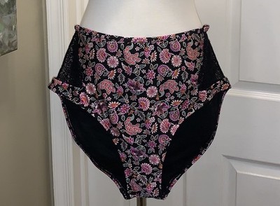 Time&Tru Black Floral High Waist Bikini Swim Bottoms Size M 8-10 Turkish Delight