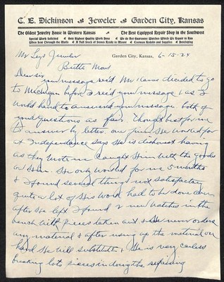 1924 C.E. Dickinson Garden City, KS Letterhead to Leys Jewelry Butte, MT*