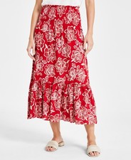 Nautica Jeans Women's Floral Smocked-Waist Midi Skirt Red Size M MSRP 100