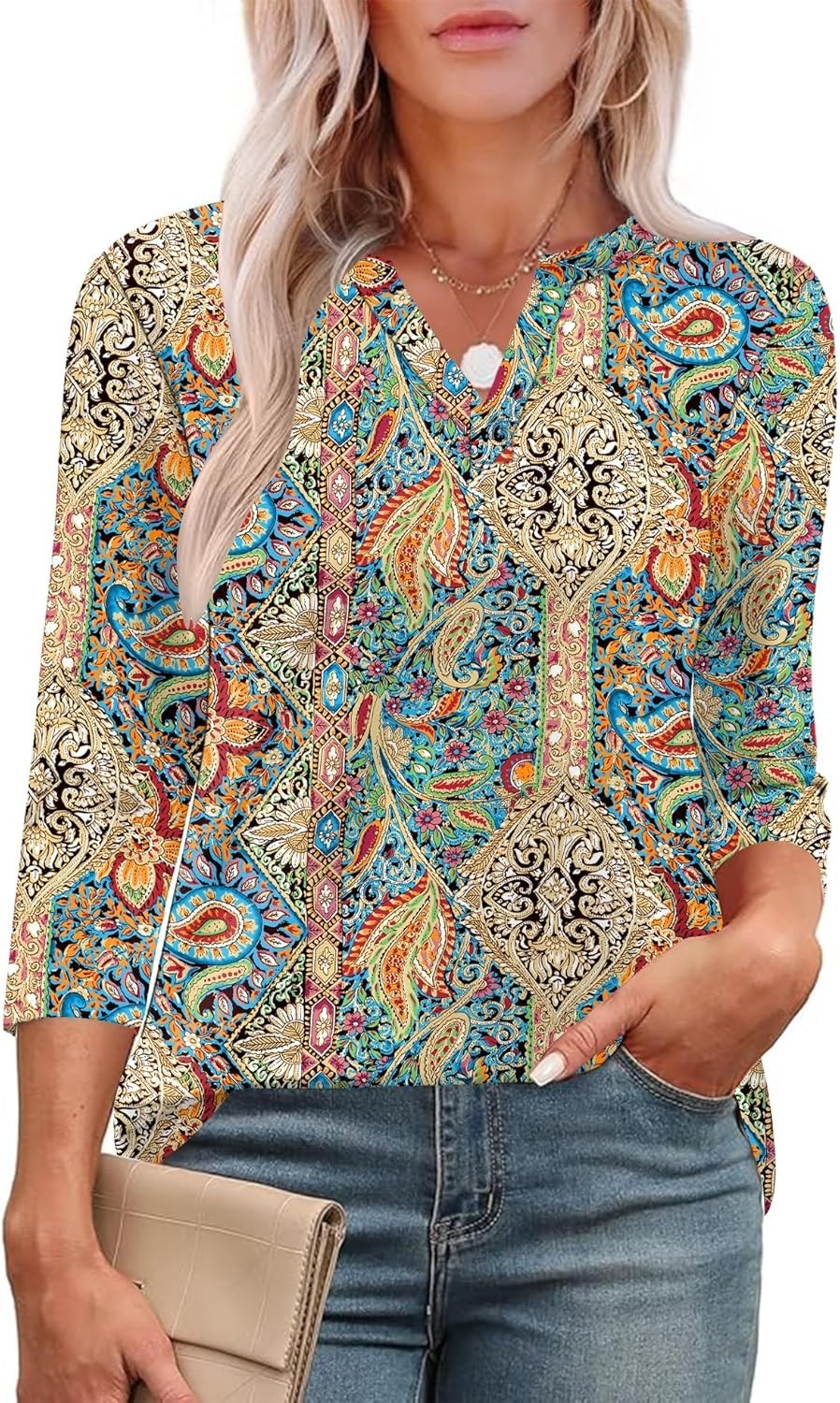 WomensVNeck3/4SleeveBlouseCasualTunicFloralTopBusinessOfficeShirtNew