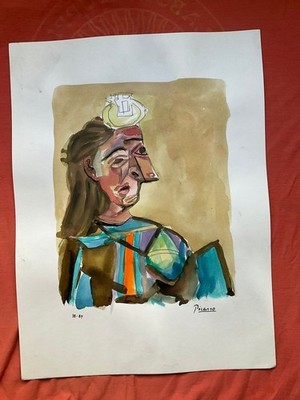 PICASSO - painting drawing 11.8 x 15.7 in  on old paper signed stamped