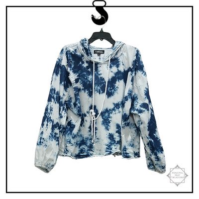 Thrill Jeans Hoodie Women 3X Blue Tie Dye Crop Pullover Distressed Grunge Cotton