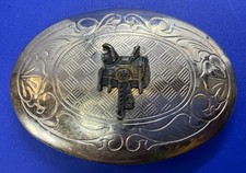 Horse Saddle Engraved Border Two Tone Oval Western Kids or Cowgirls Belt Buckle