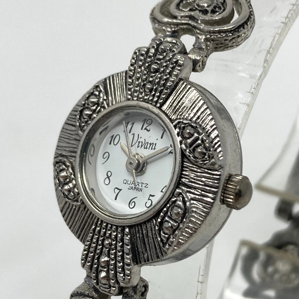 Reloj Vivani Marcasite Mujer 21mm Tono Plata LEER Corazones Batería Nueva 7.25" De Colección Foto 4 de 4