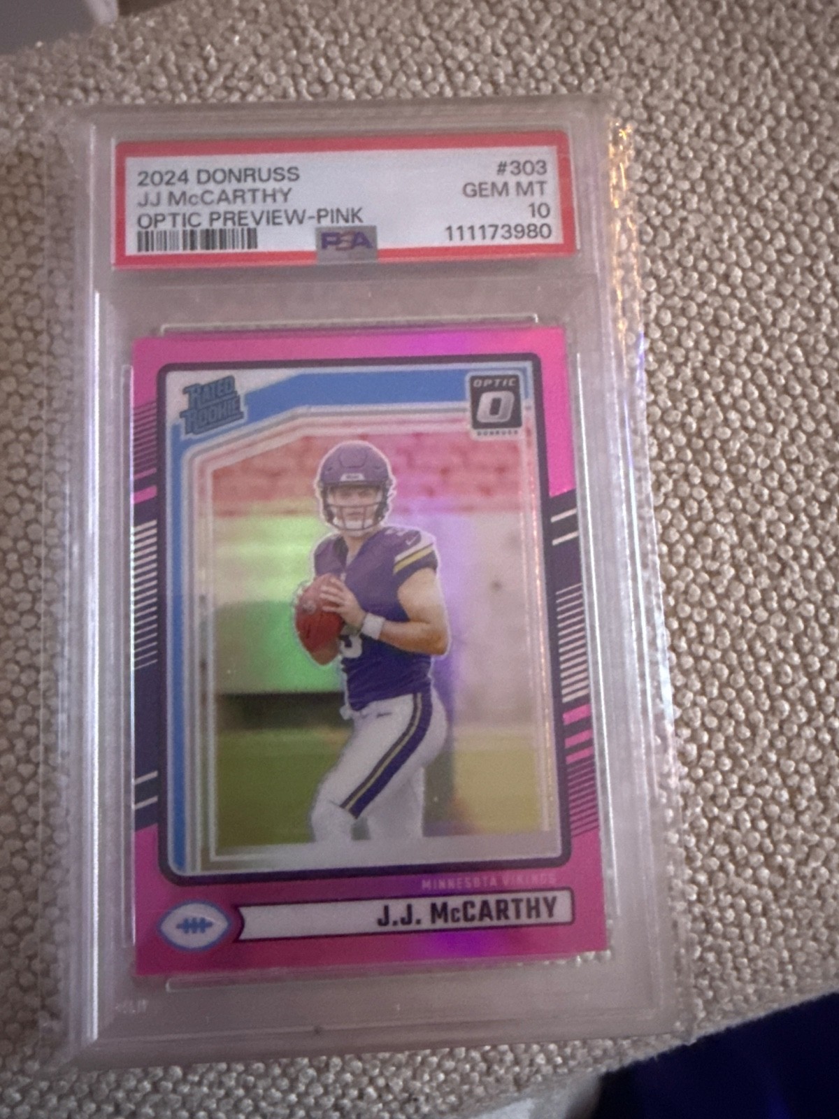 2024 Donruss Optic Preview JJ McCarthy Pink Holo Prizm Rated Rookie PSA 10