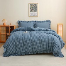 Navy Blue/White Plaid Ruffle 3-Piece Duvet Cover Set Queen Size,Washed Cotton Sh