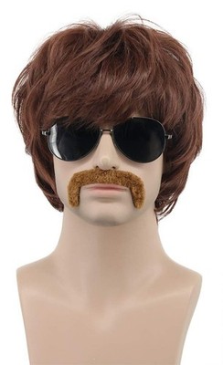 Mens Short Brown 60s 70s Retro Costume Wig with Mustache Hippie Singer Set Party