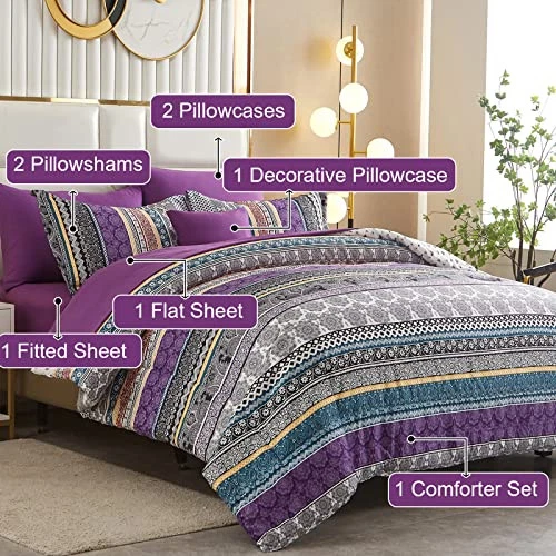 Conjunto de edredom boho tamanho King 8 peças cama em uma bolsa roupa de cama listrada boêmia  - Imagem 2 de 4