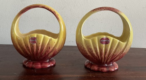 Pair Of Vintage Sullivan & Griffiths ‘tetley’ Australian Pottery Basket Vases