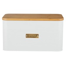 Bread Bin White Ribbed Steel Labelled Airtight Food Storage Rectangle Canister