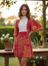 ASOS Mini Dress Floral Size 10 Crochet High Neck Open Back Red Orange Coquette