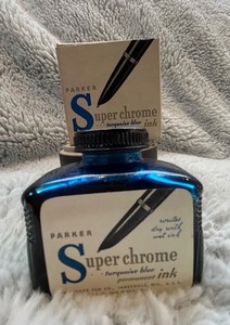Vintage Parker  TURQUOISE BLUE Super Chrome Ink - Glass Bottle w/ O. Box - 3 Oz