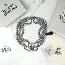 Vivienne Westwood Choker Necklace Black Pearl Three Row Orb Bas Relief Gift Box