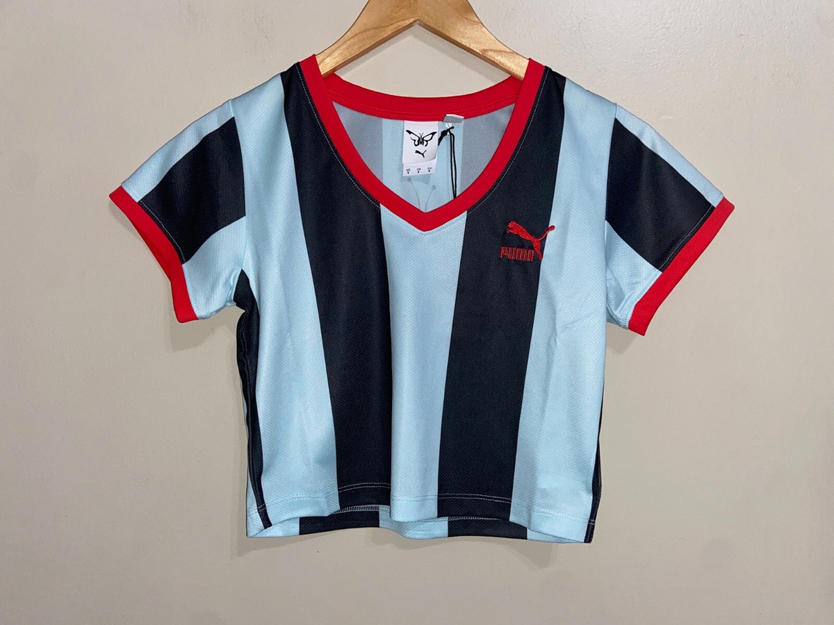 Puma x Dua Lipa Striped Cropped Jersey Shirt Blue Tops Womens L