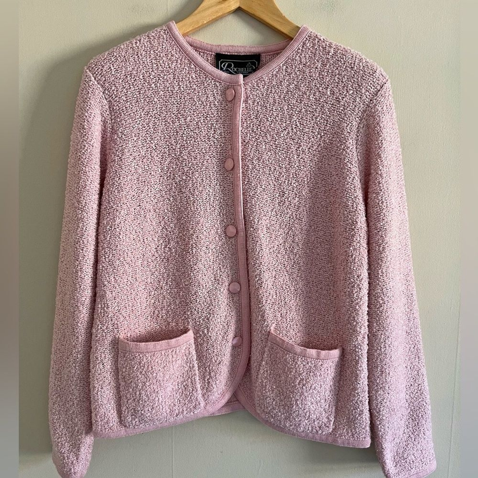 Vintage 70s 80s pink button-front knit cardigan sweater retro chic mod style  