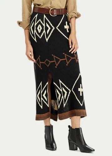 Polo Ralph Lauren Geometric Linen-Silk Blend Skirt Black Size XS NWT $598