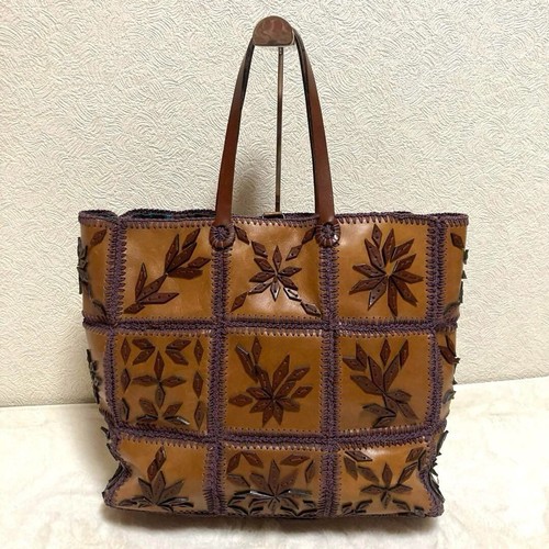 JAMIN PUECH Leather Patchwork Tote Bag Beige X Brown authentic Women's