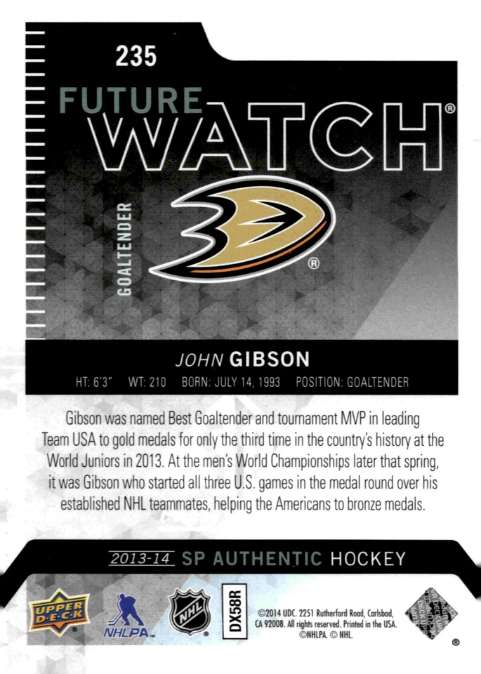 John Gibson - Signed 2013-14 SP Authentic Future Watch /1299 Rookie Card #235 - Image 2 of 2