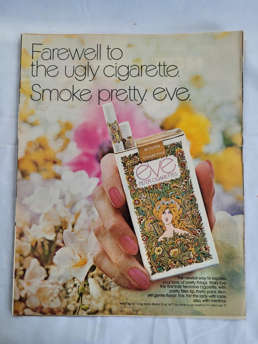 VTG 1971 Orig Magazine Ad EVE Filter Cigarettes Lady Has Taste Colorful  Flowers