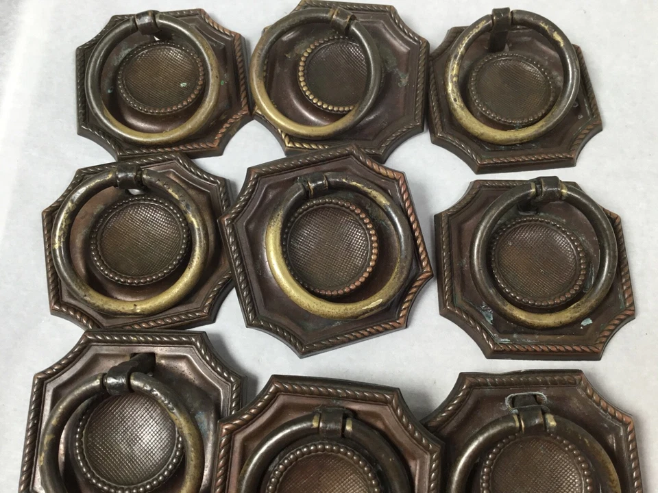 Vintage Brass/bronze Pull Ring drawer knobs brass square #268 - Image 4 of 4