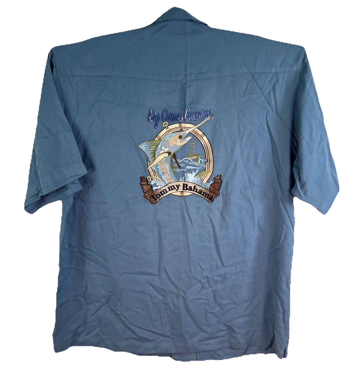 Tommy Bahama 100% Silk Button Shirt Men’s Size L Big Game Charters Embroidered