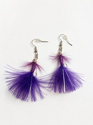 Handmade Purple Woolly Bugger Fly Lure Earrings   Fishing Hook Feather Dangle