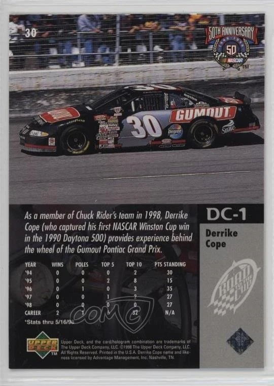1998 Upper Deck Road to the Cup Derrike Cope #30 - Image 2 of 2